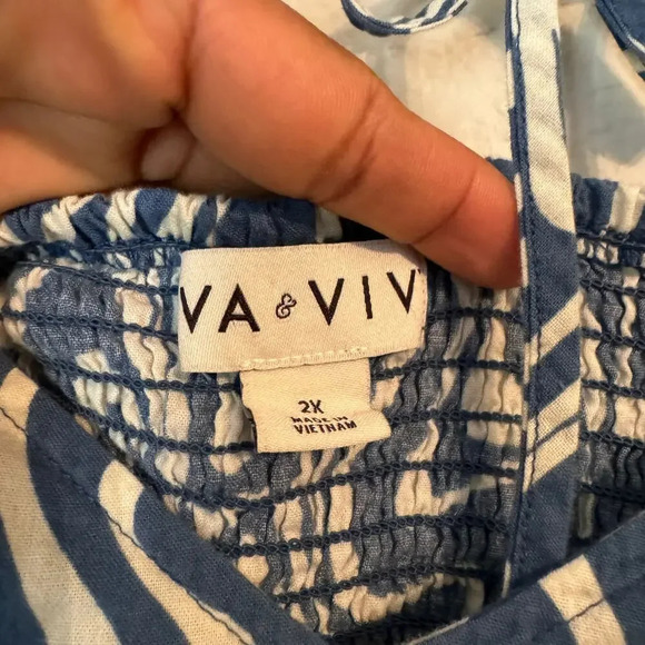 Ava & Viv Womens Cropped Blouse Top 2X Blue Cotton Short Sleeves V-Neck Smocked - Picture 4 of 8